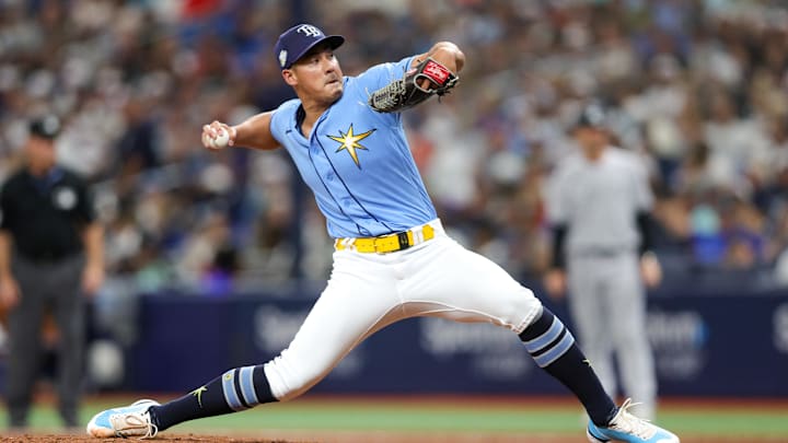 Aug 27, 2023; St. Petersburg, Florida, USA;  Tampa Bay Rays relief pitcher Robert Stephenson (26) throws a pitch during a game