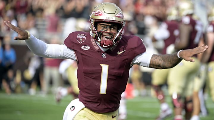 Aug 30, 2025; Tallahassee, Florida, USA; Florida State Seminoles quarterback Tommy Castellanos (1) celebrates after a touchdown against the Alabama Crimson Tide during the second half at Doak S. Campbell Stadium. Mandatory Credit: Melina Myers-Imagn Images