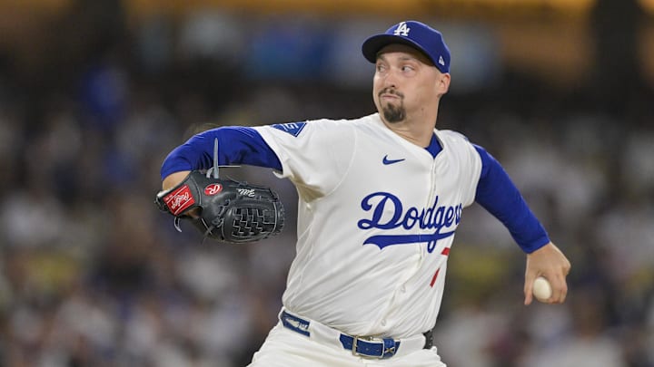 Sep 10, 2025; Los Angeles, California, USA; Los Angeles Dodgers starting pitcher Blake Snell (7) throws a pitch against Colorado Rockies in the first inning at Dodger Stadium. Mandatory Credit: Jayne Kamin-Oncea-Imagn Images
