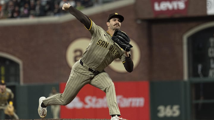Sep 13, 2024; San Francisco, California, USA;  San Diego Padres pitcher Dylan Cease (84) pitches during the first inning against the San Francisco Giants at Oracle Park. Mandatory Credit: Stan Szeto-Imagn Images