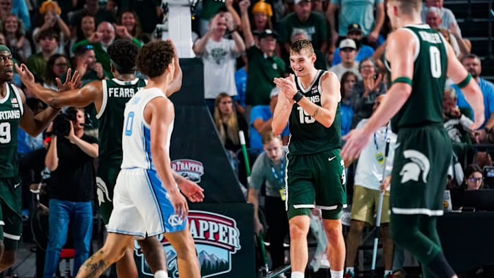 The Michigan State Spartans compete against the North Carolina Tar Heels in the Fort Myers Tip-Off Beach Division game at Suncoast Credit Union Arena on Fort Myers, Fla., on Thursday, Nov. 27, 2025. The Michigan State Spartans compete against the North Carolina Tar Heels in the Fort Myers Tip-Off Beach Division game at Suncoast Credit Union Arena on Fort Myers, Fla., on Thursday, Nov. 27, 2025.