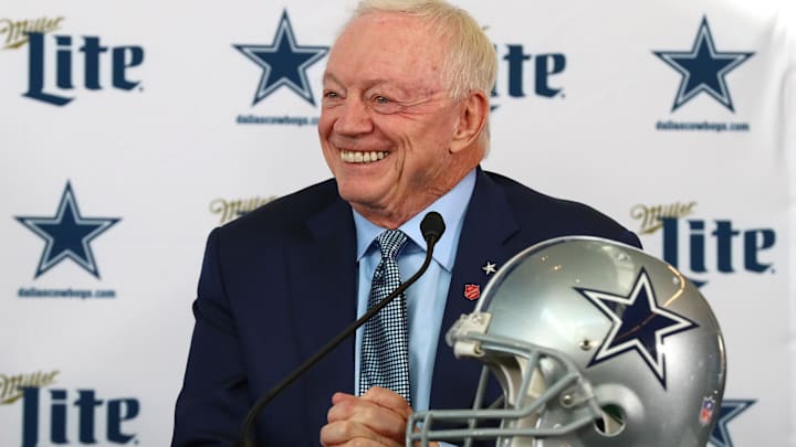 Dallas Cowboys owner Jerry Jones smiles as he answers questions during a press conference at Ford Center at the Star.