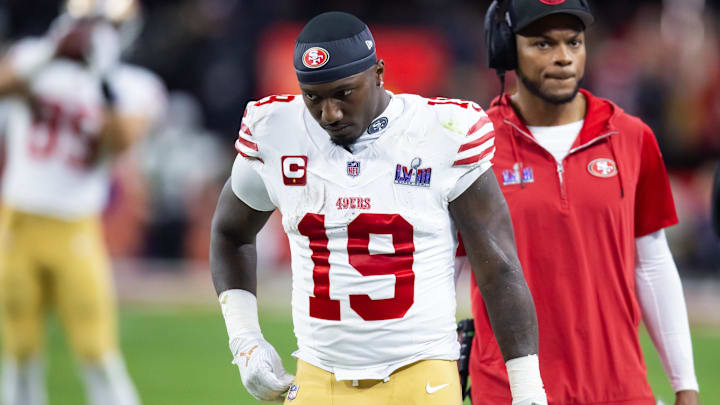 Feb 11, 2024; Paradise, Nevada, USA; San Francisco 49ers wide receiver Deebo Samuel (19) reacts