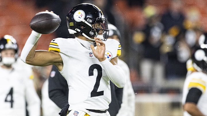 Nov 21, 2024; Cleveland, Ohio, USA; Pittsburgh Steelers quarterback Justin Fields (2) throws the ball during warm ups before the game against the Cleveland Browns at Huntington Bank Field Stadium. Mandatory Credit: Scott Galvin-Imagn Images