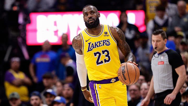 Apr 29, 2024; Denver, Colorado, USA; Los Angeles Lakers forward LeBron James (23) in the third quarter against the Denver Nuggets during game five of the first round for the 2024 NBA playoffs at Ball Arena. Mandatory Credit: Isaiah J. Downing-USA TODAY Sports Apr 29, 2024; Denver, Colorado, USA; Los Angeles Lakers forward LeBron James (23) in the third quarter against the Denver Nuggets during game five of the first round for the 2024 NBA playoffs at Ball Arena. Mandatory Credit: Isaiah J. Downing-USA TODAY Sports