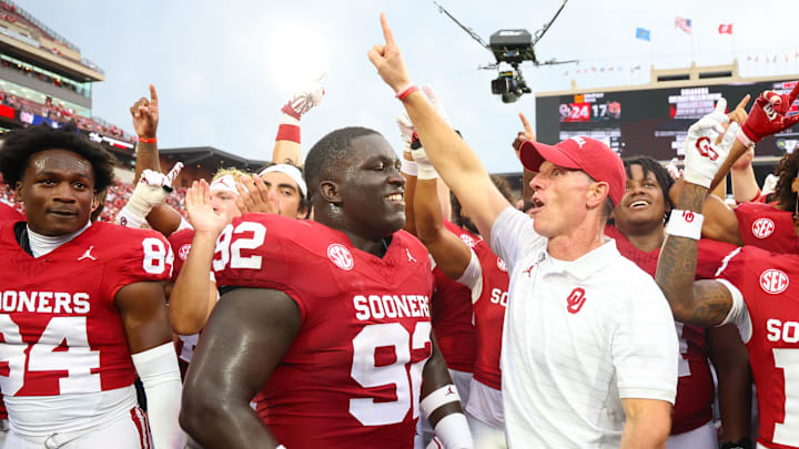 Oklahoma coach Brent Venables celebrates with his team after defeating Auburn. Oklahoma coach Brent Venables celebrates with his team after defeating Auburn.