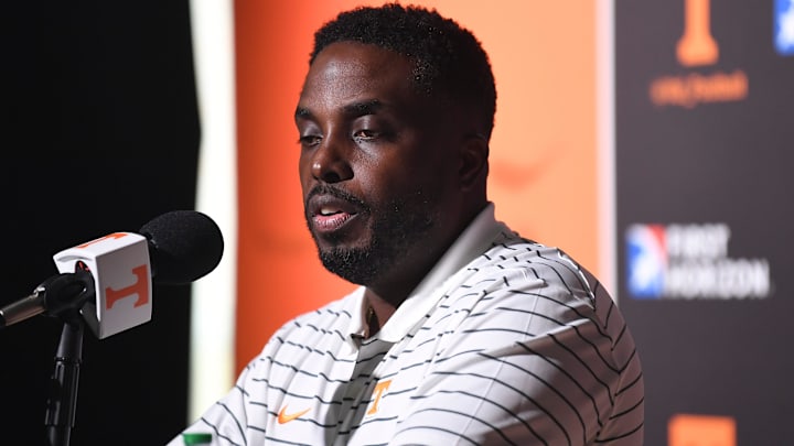 Tennessee defensive coordinator Tim Banks speaks at a press conference during Tennessee Football Media Day, Tuesday, Aug. 1, 2023. Tennessee defensive coordinator Tim Banks speaks at a press conference during Tennessee Football Media Day, Tuesday, Aug. 1, 2023.