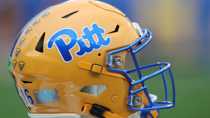 Nov 16, 2024; Pittsburgh, Pennsylvania, USA;  A Pittsburgh Panthers helmet on the sidelines against the Clemson Tigers during the fourth quarter at Acrisure Stadium. Mandatory Credit: Charles LeClaire-Imagn Images