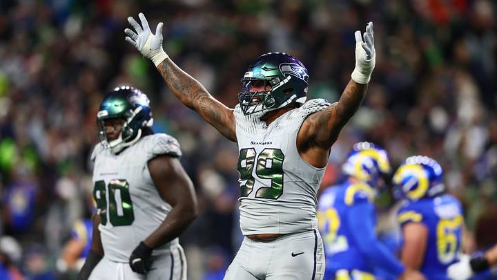 Seattle Seahawks defensive end Leonard Williams (99) reacts after a missed field goal by Los Angeles Rams in the fourth quarter at Lumen Field.