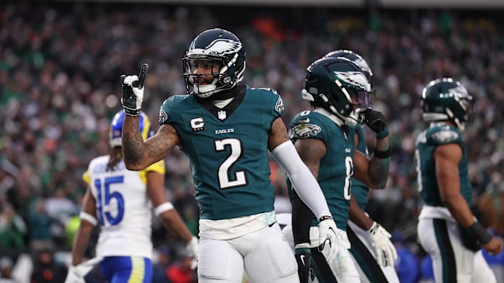 Jan 19, 2025; Philadelphia, Pennsylvania, USA; Philadelphia Eagles cornerback Darius Slay Jr. (2) reacts after breaking up a touchdown pass in the first quarter against the Los Angeles Rams in a 2025 NFC divisional round game at Lincoln Financial Field. Mandatory Credit: Bill Streicher-Imagn Images
