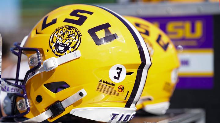 Oct 7, 2023; Columbia, Missouri, USA; A general view of a LSU Tigers helmet against the Missouri Tigers during the first half at Faurot Field at Memorial Stadium. Mandatory Credit: Denny Medley-USA TODAY Sports Oct 7, 2023; Columbia, Missouri, USA; A general view of a LSU Tigers helmet against the Missouri Tigers during the first half at Faurot Field at Memorial Stadium. Mandatory Credit: Denny Medley-USA TODAY Sports