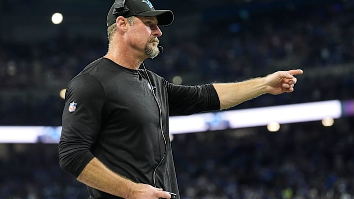 Detroit Lions head coach Dan Campbell reacts to a play against Buffalo Bills during the second half at Ford Field in Detroit. Detroit Lions head coach Dan Campbell reacts to a play against Buffalo Bills during the second half at Ford Field in Detroit.