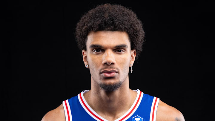 Sep 26, 2025; Camden, NJ, USA; Philadelphia 76ers  Dominick Barlow (25) poses for a photo during media day. Mandatory Credit: Bill Streicher-Imagn Images