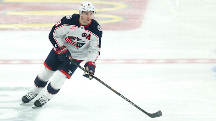 Mar 21, 2025; Pittsburgh, Pennsylvania, USA; Columbus Blue Jackets defenseman Zach Werenski (8) warms up before the game against the Pittsburgh Penguins at PPG Paints Arena. Mandatory Credit: Charles LeClaire-Imagn Images