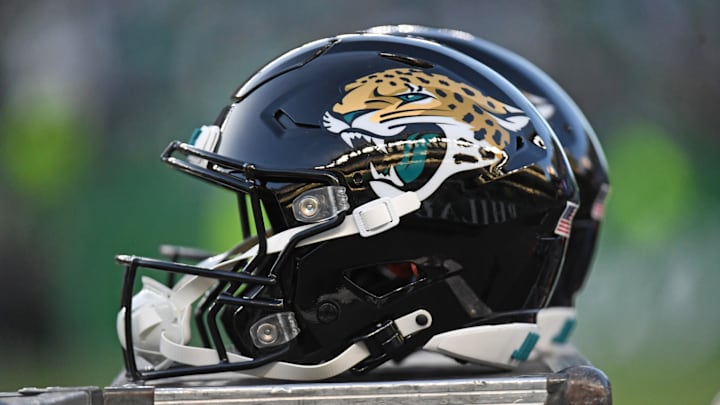 Nov 3, 2024; Philadelphia, Pennsylvania, USA; Jacksonville Jaguars helmets on the sidelines against the Philadelphia Eagles at Lincoln Financial Field. Mandatory Credit: Eric Hartline-Imagn Images