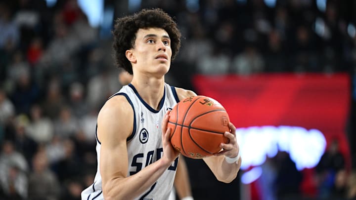 Feb 14, 2025 Caen, FRANCE; St Quentin point guard Nolan Traore in action during a LNB Pro A Leaders Cup match. Mandatory Credit: Franck Faugere/Presse Sports via Imagn Images