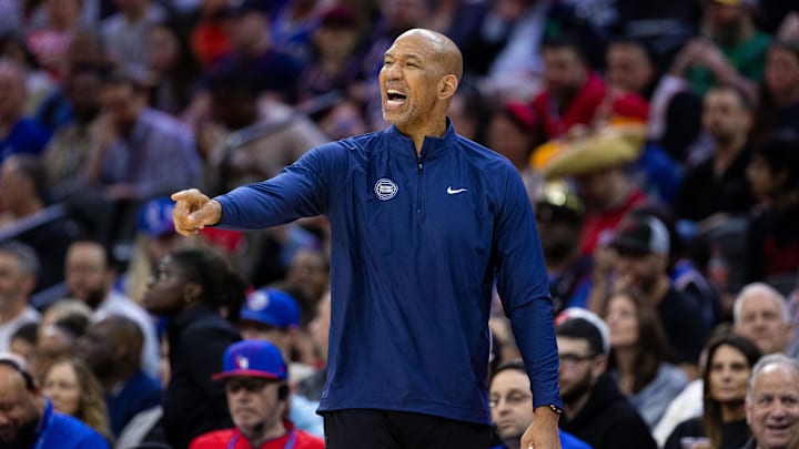Apr 9, 2024; Philadelphia, Pennsylvania, USA; Detroit Pistons head coach Monty Williams reacts during the third quarter of a game against the Philadelphia 76ers at Wells Fargo Center. Mandatory Credit: Bill Streicher-USA TODAY Sports