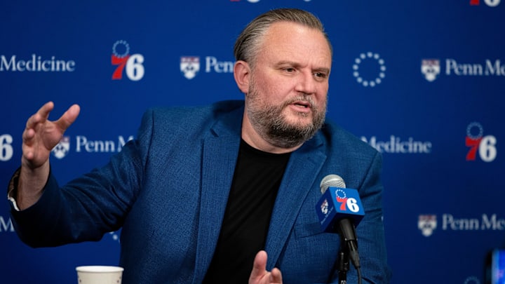 Dec 15, 2023; Philadelphia, Pennsylvania, USA; Philadelphia 76ers resident of Basketball Operations Daryl Morey speaks with the media before a game against the Detroit Pistons at Wells Fargo Center. Mandatory Credit: Bill Streicher-Imagn Images