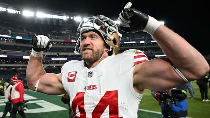 Jan 11, 2026; Philadelphia, PA, USA; San Francisco 49ers fullback Kyle Juszczyk (44) leaves the field after an NFC Wild Card Round game against the Philadelphia Eagles at Lincoln Financial Field. Mandatory Credit: Eric Hartline-Imagn Images Jan 11, 2026; Philadelphia, PA, USA; San Francisco 49ers fullback Kyle Juszczyk (44) leaves the field after an NFC Wild Card Round game against the Philadelphia Eagles at Lincoln Financial Field. Mandatory Credit: Eric Hartline-Imagn Images