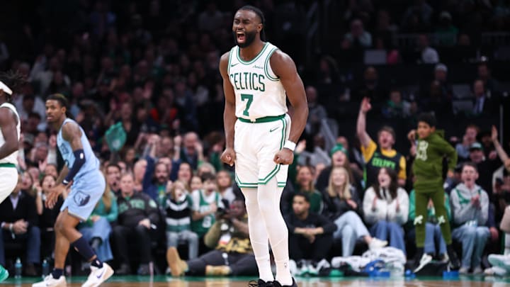 Dec 7, 2024; Boston, Massachusetts, USA; Boston Celtics forward Jaylen Brown (7) reacts during the second half against the Memphis Grizzlies at TD Garden. Mandatory Credit: Paul Rutherford-Imagn Images