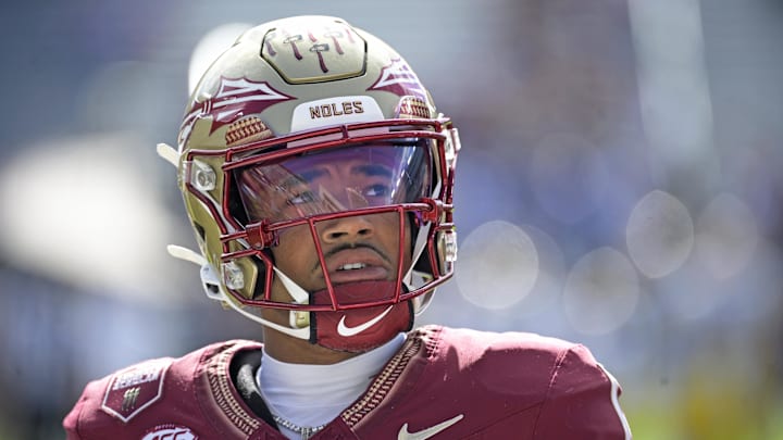 Oct 11, 2025; Tallahassee, Florida, USA; Florida State Seminoles quarterback Thomas Castellanos (1) before the game against the Pittsburgh Panthers at Doak S. Campbell Stadium. Mandatory Credit: Melina Myers-Imagn Images
