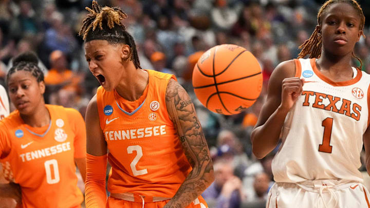 Tennessee guard Ruby Whitehorn (2) celebrates a play during a NCAA Tournament Sweet 16 game between the Lady Vols and Texas at Legacy Arena in Birmingham, Ala., on Saturday, March 29, 2025.