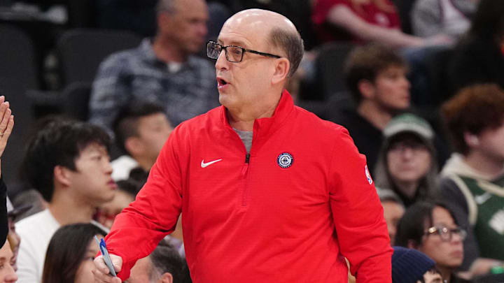 Jan 25, 2025; Inglewood, California, USA; LA Clippers assistant coach Jeff Van Gundy reacts against the Milwaukee Bucks in the second half at Intuit Dome. Mandatory Credit: Kirby Lee-Imagn Images