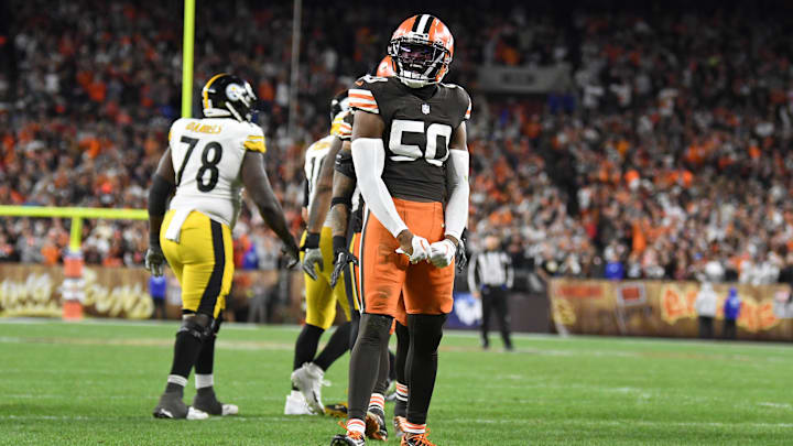 Sep 22, 2022; Cleveland, Ohio, USA; Cleveland Browns linebacker Jacob Phillips (50) celebrates