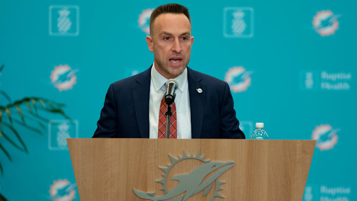 Miami Dolphins head coach Jeff Hafley speaks to reporters during his introductory press conference at Baptist Health Training Complex. 