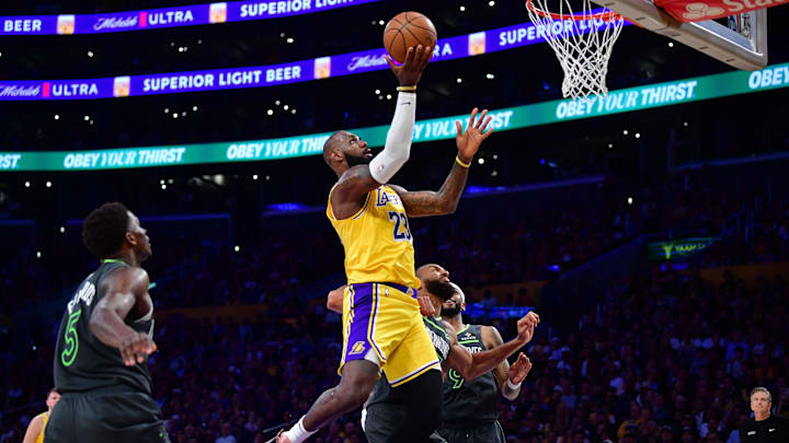 Apr 30, 2025; Los Angeles, California, USA; Los Angeles Lakers forward LeBron James (23) moves to the basket against the Minnesota Timberwolves during the first half in game five of first round for the 2025 NBA Playoffs at Crypto.com Arena. Mandatory Credit: Gary A. Vasquez-Imagn Images