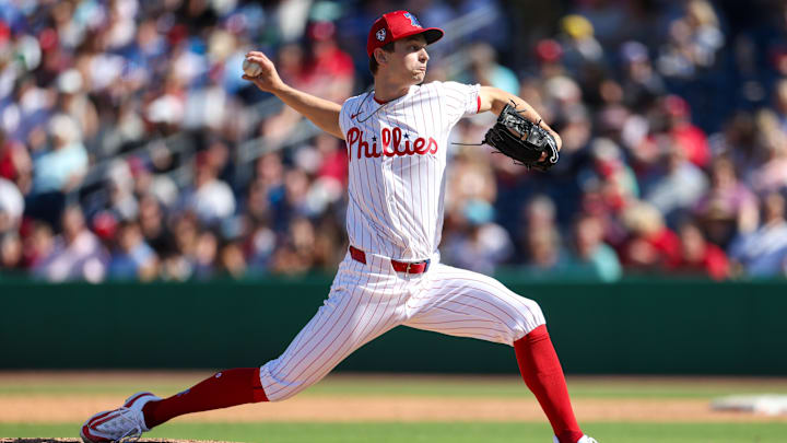 Feb 25, 2024; Clearwater, Florida, USA; Philadelphia Phillies pitcher Mick Abel (74) throws a pitch against the New York Yankees in the sixth inning at BayCare Ballpark Feb 25, 2024; Clearwater, Florida, USA; Philadelphia Phillies pitcher Mick Abel (74) throws a pitch against the New York Yankees in the sixth inning at BayCare Ballpark