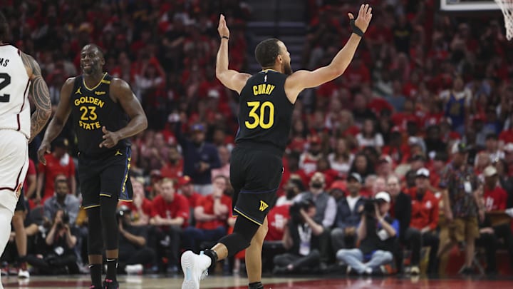 May 4, 2025; Houston, Texas, USA; Golden State Warriors guard Stephen Curry (30) reacts after making a basket during the first quarter of game seven of the first round for the 2025 NBA Playoffs against the Houston Rockets at Toyota Center. Mandatory Credit: Troy Taormina-Imagn Images