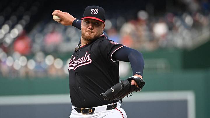 Aug 13, 2026; Washington, District of Columbia, USA; Washington Nationals pitcher Cade Cavalli (24) throws to the Chicago Cubs during the first inning at Nationals Park. Mandatory Credit: Brad Mills-Imagn Images