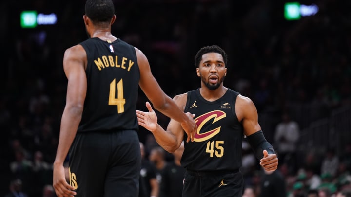 May 9, 2024; Boston, Massachusetts, USA; Cleveland Cavaliers guard Donovan Mitchell (45) reacts after a basket buy forward Evan Mobley (4) against the Boston Celtics in the first quarter during game two of the second round for the 2024 NBA playoffs at TD Garden. Mandatory Credit: David Butler II-USA TODAY Sports
