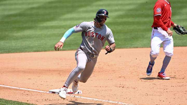 Jul 4, 2025; Washington, District of Columbia, USA; Boston Red Sox left fielder Jarren Duran (16) rounds third base against the Washington Nationals during the fifth inning at Nationals Park. Mandatory Credit: Rafael Suanes-Imagn Images