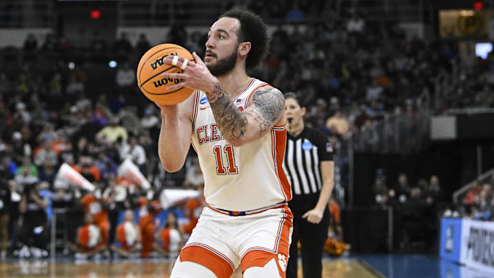 Mar 20, 2025; Providence, RI, USA; Clemson Tigers guard Jaeden Zackery (11) shoots the ball against the McNeese State Cowboys during the first half at Amica Mutual Pavilion. Mandatory Credit: Eric Canha-Imagn Images