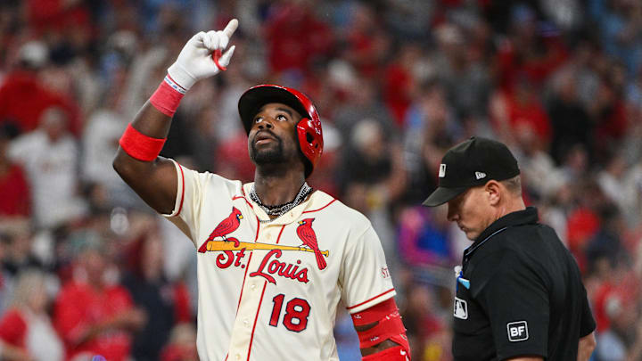 Apr 11, 2026; St. Louis, Missouri, USA; St. Louis Cardinals right fielder Jordan Walker (18) reacts after hitting a solo home run against the Boston Red Sox during the eighth inning at Busch Stadium. Mandatory Credit: Jeff Curry-Imagn Images