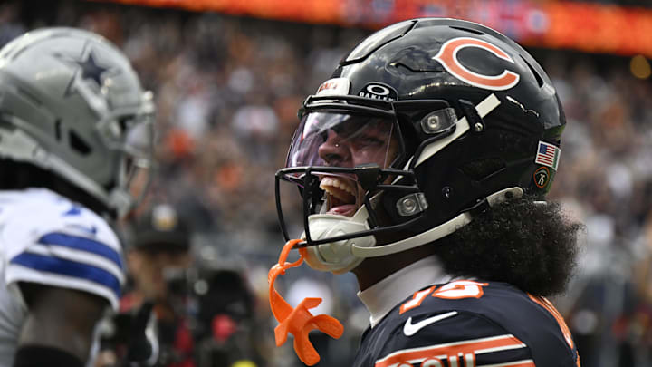Sep 21, 2025; Chicago, Illinois, USA; Chicago Bears wide receiver Rome Odunze (15) reacts after a touchdown catch against the Dallas Cowboys during the first half at Soldier Field. Mandatory Credit: Matt Marton-Imagn Images Sep 21, 2025; Chicago, Illinois, USA; Chicago Bears wide receiver Rome Odunze (15) reacts after a touchdown catch against the Dallas Cowboys during the first half at Soldier Field. Mandatory Credit: Matt Marton-Imagn Images