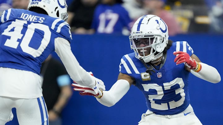 Nov 10, 2024; Indianapolis, Indiana, USA; Indianapolis Colts cornerback Kenny Moore II (23) celebrates with Indianapolis Colts cornerback Jaylon Jones (40) after making an interception Sunday, Nov. 10, 2024, during a game against the Buffalo Bills at Lucas Oil Stadium in Indianapolis. Mandatory Credit: Grace Hollars-USA TODAY Network via Imagn Images