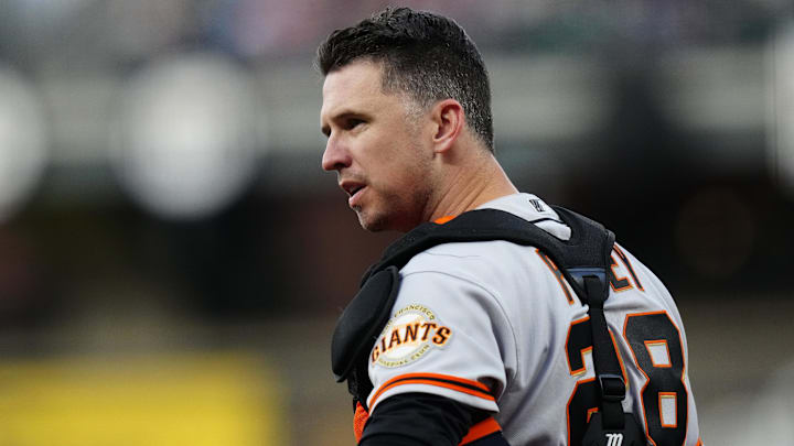 Sep 24, 2021; Denver, Colorado, USA; San Francisco Giants catcher Buster Posey (28) looks to towards