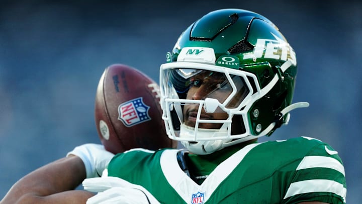 New York Jets running back Breece Hall (20) is shown before the game, Sunday January 5, 2025, in East Rutherford. New York Jets running back Breece Hall (20) is shown before the game, Sunday January 5, 2025, in East Rutherford.