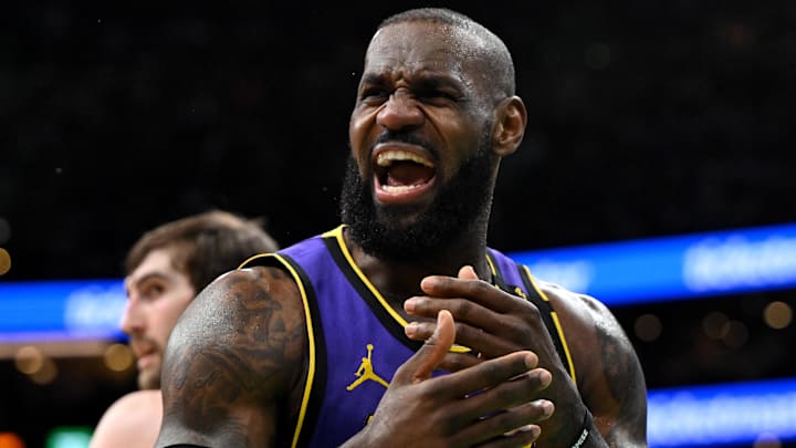 Mar 8, 2025; Boston, Massachusetts, USA; Los Angeles Lakers forward LeBron James (23) reacts after a non-call against the Boston Celtics during the second quarter at the TD Garden. Mandatory Credit: Brian Fluharty-Imagn Images
