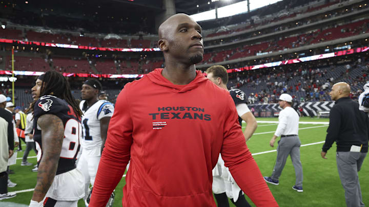 Aug 16, 2025; Houston, Texas, USA; Houston Texans head coach DeMeco Ryans walks on the field after the game against the Carolina Panthers at NRG Stadium. Mandatory Credit: Troy Taormina-Imagn Images