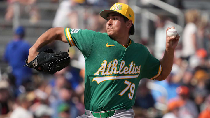 Feb 23, 2026; Scottsdale, Arizona, USA; Athletics pitcher Gage Jump (79) throws against the San Francisco Giants in the third inning at Scottsdale Stadium. Mandatory Credit: Rick Scuteri-Imagn Images