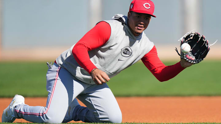 Cincinnati Reds infielder Noelvi Marte fields a groundball during spring training workouts, Monday,
