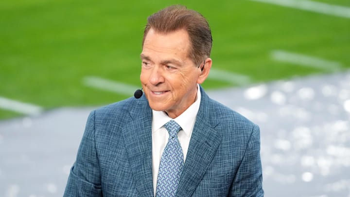 Jan 1, 2026; Pasadena, CA, USA; Nick Saban on the ESPN College Gameday set during the 2026 Rose Bowl and quarterfinal game of the College Football Playoff at Rose Bowl Stadium. Jan 1, 2026; Pasadena, CA, USA; Nick Saban on the ESPN College Gameday set during the 2026 Rose Bowl and quarterfinal game of the College Football Playoff at Rose Bowl Stadium.