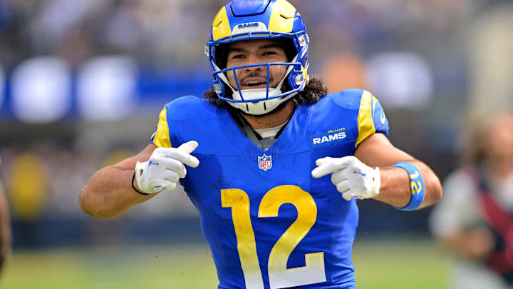 Sep 28, 2025; Inglewood, California, USA; Los Angeles Rams wide receiver Puka Nacua (12) celebrates after a complete pass and first down during the first half against the Indianapolis Colts at SoFi Stadium. Mandatory Credit: Jayne Kamin-Oncea-Imagn Images