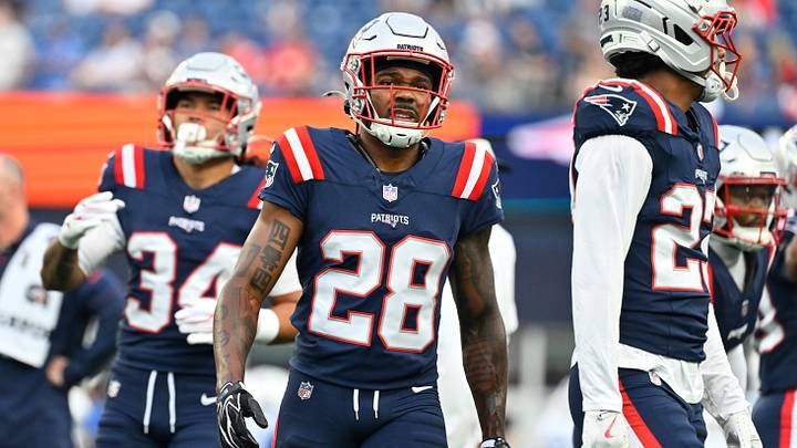 Aug 13, 2026; Foxborough, Massachusetts, USA; New England Patriots cornerback Kindle Vildor (28) looks on before a game against the Indianapolis Colts at Gillette Stadium. Mandatory Credit: Eric Canha-Imagn Images