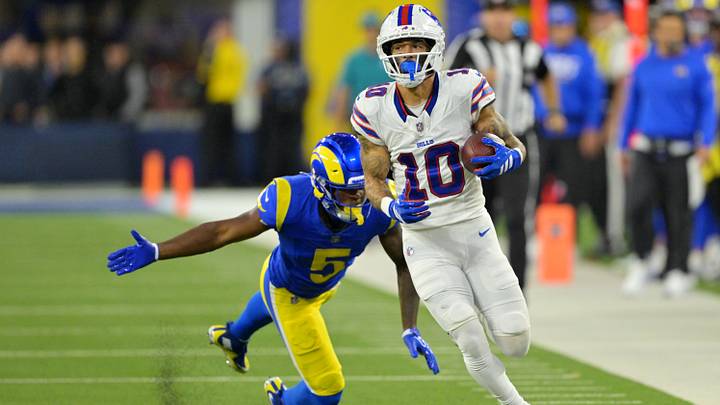 Buffalo Bills wide receiver Khalil Shakir is tripped up by Los Angeles Rams safety Kamren Kinchens. Buffalo Bills wide receiver Khalil Shakir is tripped up by Los Angeles Rams safety Kamren Kinchens.