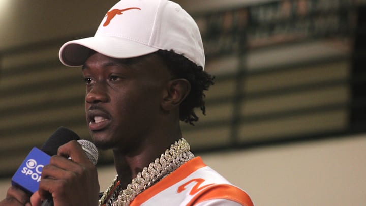 Mandarin receiver Jaime Ffrench Jr. speaks with CBS Sports after announcing his commitment to Texas at a pep rally before a high school football game against Atlantic Coast on August 30, 2024. [Clayton Freeman/Florida Times-Union]